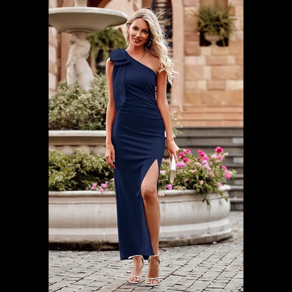 Women's One Shoulder Long Formal Sleeveless Ruched Bodycon Dress - Picture 2 of 9